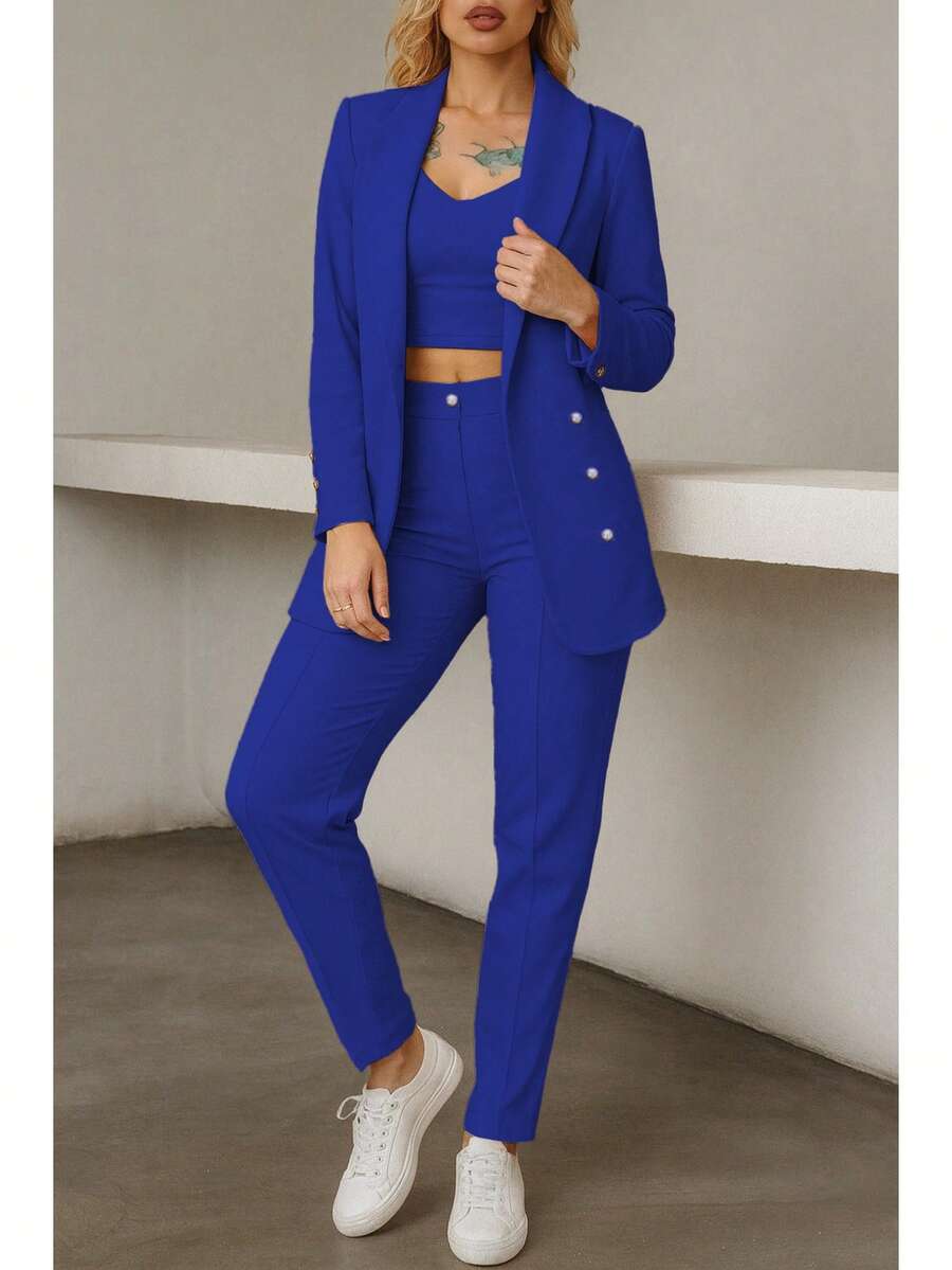 Conjunto elegante de blazer y pantalón de manga larga con cuello chal y doble botonadura para mujer, tejido elástico medio.