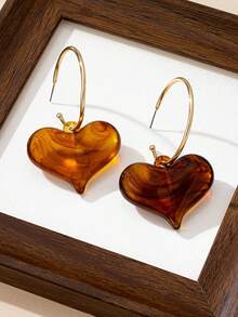 1 Paar modische große transparente bernsteinfarbene Herz-Anhänger Ohrringe, elegant für Damen Alltags-Outfits im Herbst/Winter