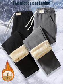 2pcs/Set Women Plus Size Fleece Lined Straight Leg Sweatpants, Warm Casual Pants For Autumn/Winter