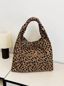 豹纹女士手提包，简约休闲大容量托特包，工作包，单肩/腋下包（学院风） - 彩色 - 查看 6