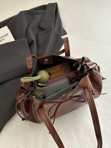 1 件棕色复古简约纯色 PU 手提包，大容量女士单肩包，秋冬 - 棕色 - 查看 5