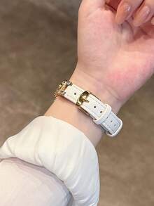 1条兼容苹果手表的表带，新款高级女士闪亮金色星星水钻镶嵌金属白色皮革表带，兼容苹果手表38/40/41/42/44/45/46/49毫米，兼容苹果手表Ultra/SE/11/10/9/8/7/6/5/4/3/2/1，时尚智能手表配件，金色表带