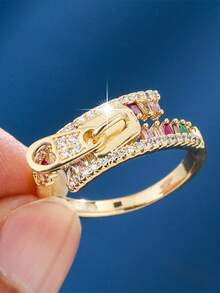 1 pezzo Anello aperto geometrico unico con zirconi, anello da dito di alta gamma in stile europeo e americano, gioiello alla moda con zirconi incastonati, anello elegante e minimalista in cristallo di quarzo per donna