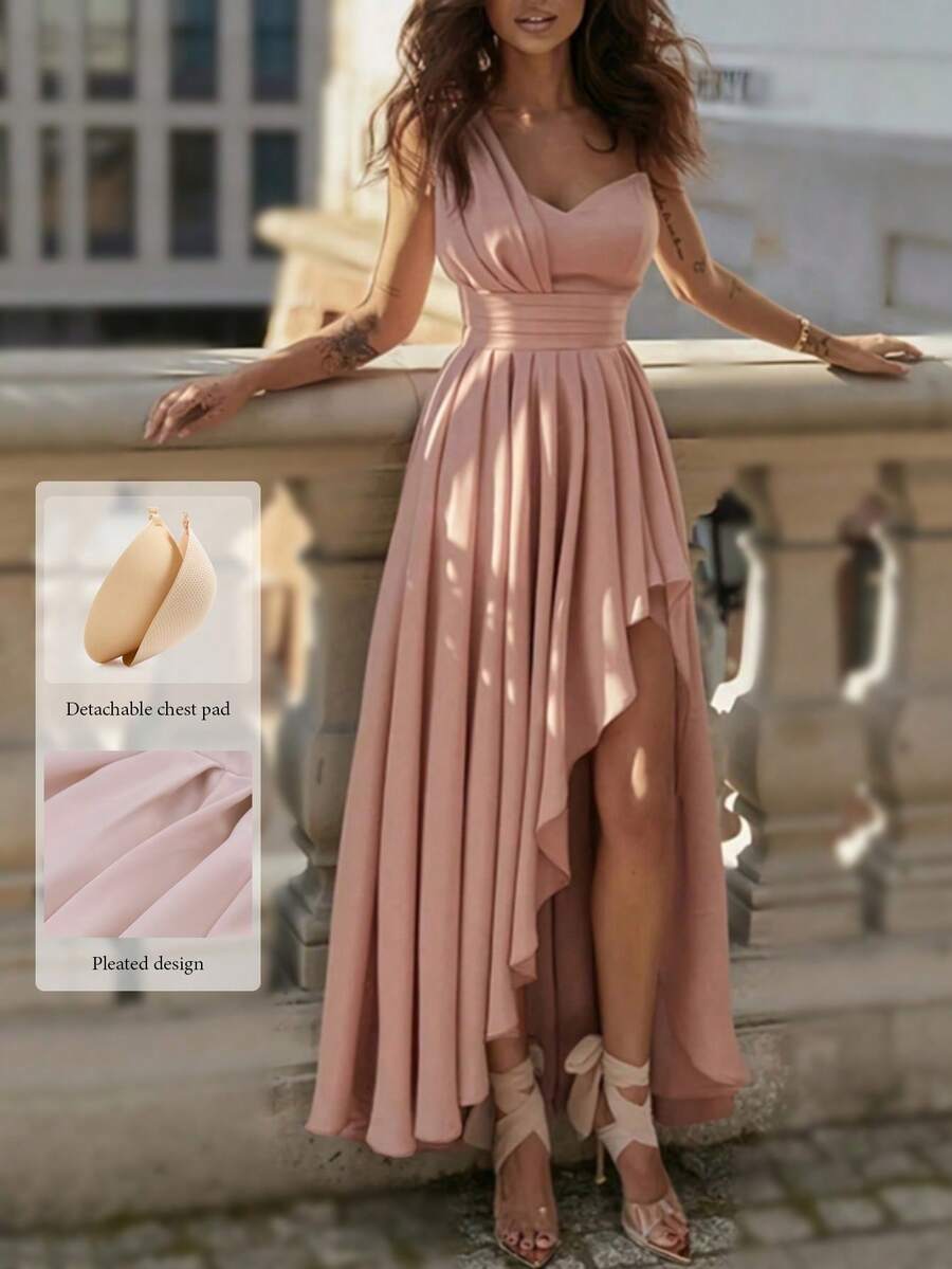 QIANZHIDU Vestido elegante con hombro asimétrico y volantes, vestido de fiesta elegante, vestido de vuelta al colegio, vestido de fiesta para mujer - Rosa Pálido - Ver 1