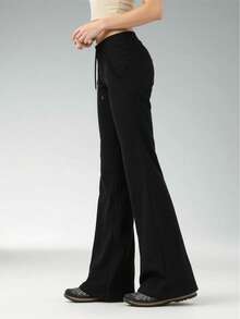 Women's High Waist Yoga Pants, Soft & Stretchy Flare Leg Workout Leggings For Outdoor Sports, Gym, Running, Dance, With Drawstring Waist Adjustment - Black - View 5