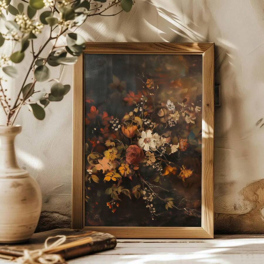 Frameless, A Retro Autumn Floral Wall Art Poster, Dark Autumn Flower Decorative Painting, Plant Art Hanging Painting, Room Decoration, Living Room Art Decoration, Modern Home Wall Art Decoration, Ideal Home Gift Creativity, Suitable For Living Room Study Bedroom Corridor Art Decoration Painting