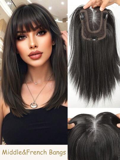 12 Inch Natural Black Brown Synthetic Hair Toppers Long Straight Hairpieces For Women 6*10CM Lace Front Hair Topper Synthetic Long Straight Topper Wig Clip In Hair Extensions Natural Fluffy Head Top Fake Hair Piece With Bang Clip Black Brown Party Cosplay Daily Synthetic Topper Hairpiece False Bang Clip-In Bangs Extension Natural Fake Fringe Invisible Clourse Hairpiece For Women