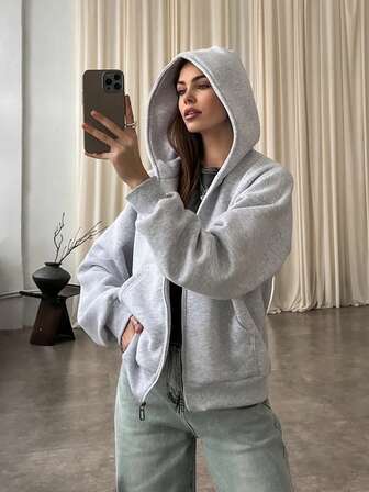 纯色拉链连帽休闲厚外套，秋冬