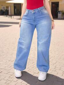 Pantalon Jeans Mezclilla Demin de Mujer Dama Corte Recto Amplio Holgado Wide Leg - Blench - Ver 2