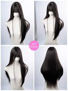 1 Synthetic Heat-Resistant Wig, Black Brown Long Straight Wig With Bangs, 30 Feet Long, Made Of Fiber, Suitable For Daily Use, Natural Simulation Wig - Black - View 5