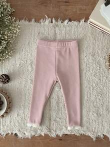 Newborn Baby Girls Solid Color Lace Trim Elastic Leggings, Spring/Autumn - Pink - View 3