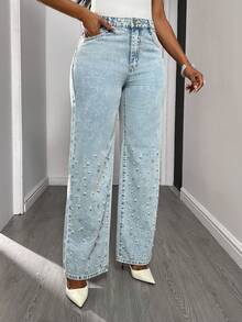 女士珍珠铆钉直筒牛仔裤 - 淺色水洗藍 - 查看 3