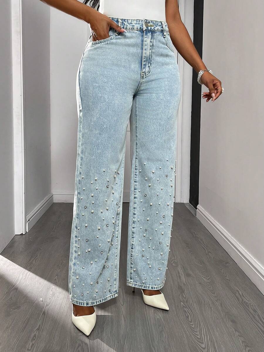Jeans de pierna recta con perlas para mujer - Lavado ligero - Ver 1
