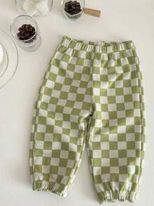 2pcs/Set Baby Boy Casual Solid Color Crew Neck Long Sleeve Sweatshirt And Checkerboard Long Pants, Spring/Autumn - Green - View 11