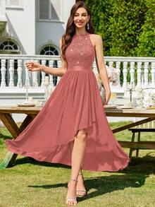 MIUSOL Vestido longo de festa de noite com decote halter, renda floral com lantejoulas e bainha assimétrica plissada, vestido assimétrico para mulher, vestido de gala formal, vestido de baile, vestido de casamento - Rosa Empoeirado - Ver 4