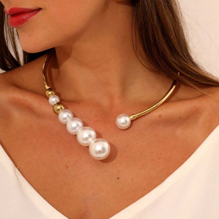 1pc Oversized Pearl Necklace, Stainless Steel Adjustable Choker, Luxury Fashion Gift For Women