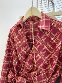 Blus Wanita Elegan Slim Fit Lengan Panjang Motif Kotak-kotak Merah dengan Ikat Pinggang dan Pita, Cocok untuk Musim Semi/Panas - Merah - View 7