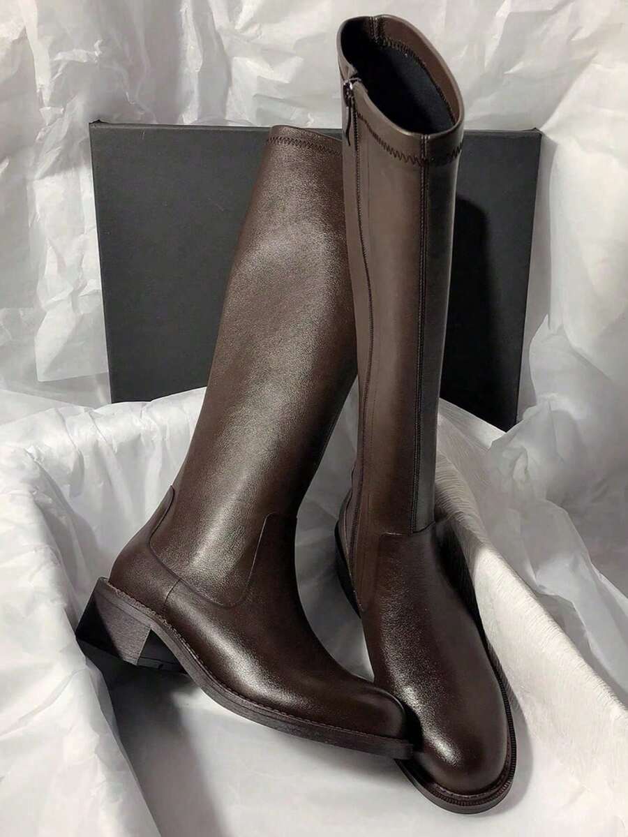 2025新款真皮高筒弹力靴，秋冬款，中筒靴，经典款，秋季百搭中跟过膝厚底骑马靴，女士派对靴