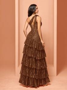 女式紧身胸衣鱼骨手工 3D 花朵刺绣亮片斜肩开衩 A 字型性感连衣裙可调节后肩带适合不同身材，优雅奢华的女士长裙，让女性更年轻、更迷人，适合各种派对、毕业典礼、婚礼、活动和各种宴会舞会、正式舞会礼服、婚礼宾客礼服、晚礼服（豪华版） - 鏽棕色 - 查看 5