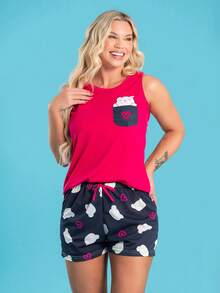 Pijama Feminino Pandinha No Bolso - Vermelho - Visão 1