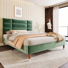 Upholstered Bed, Double Bed With Slatted Frame, 140x200cm Upholstered Bed Frame With Headboard, In Dark Green Velvet, For Adults And Teenagers (Mattress Not Included) - Green + Velvet + 140cm*200cm - View 7