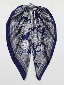 1pc Women's 90cm Paisley Print Square Scarf, Fashion Faux Silk Bandana And Headscarf, Versatile Neck Wrap Or Chest Shawl, Lightweight Satin-Feel Accessory For Hair, Daily Wear, Travel, Summer Outfits, And Chic Gift Idea For Women - 黑色 - 查看 6
