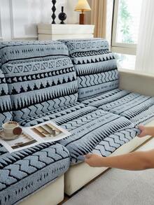 1pc Soft Plush Fabric Pet Proof Sofa Seat Cover, Bohemian Style, Multi-Shape, Multi-Color, Jacquard Plush Upholstery, Colorful Blue & Black, Thick Jacquard Plush Sofa Cushion Cover Suitable For Backrest/1/2/3/4/Chaise Lounge Sofa In Autumn/Winter