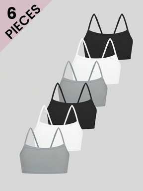 6 ชิ้น เสื้อชั้นในสปอร์ตระบายอากาศใส่สบายไร้รอยต่อสำหรับเด็กผู้หญิง, ชุดชั้นในนักเรียนวัยรุ่นไร้สายชั้นเดียวเรียบง่าย