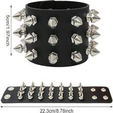 Unisex Rivet Bracelet, Punk Rock Biker Wide Band Leather Bracelet, Black Metal Rivet Bracelet, Leather Cuff Bracelet, Punk Rock Leather Wristband, Faux Leather Bracelet, Gothic Viking Bracelet, Adjustable Bracelet - 黑色 - 查看 7