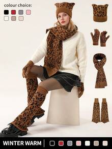 4pcs Women Winter Knitted Beanie Hat, Neck Warmer Scarf, Touch Screen Gloves, Flared Leg Warmers Set, Leopard Print Pattern, Warm Outfit For Cold Weather, Suitable For Daily Use, Dining, Party, Snow Trip, Dating And As Gift For Ladies
