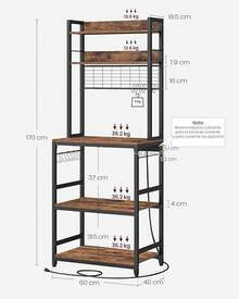 VASAGLE Estantería para Panadería con Toma de Corriente, Soporte de Microondas y Cocina, 40 x 60 x 170, Marrón Rústico y Negro MKKS037B01 - Marrón rústico, negro - Ver 11