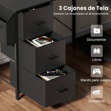 HLONONE Escritorio de 120/140 cm con 3 cajones de tela y bolsa de almacenamiento, escritorio de computadora de esquina con estantes para oficina y oficina en casa, 4 colores