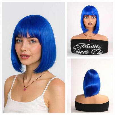 Blue Hair Heat Resistant Chemical Fiber Wigs Daily Wear Women Wigs Sweet Cute Wigs Prom Party Wigs Natural Hair