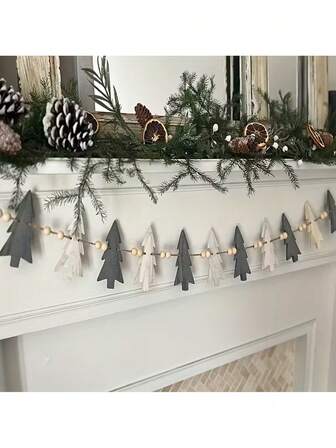 12 件圣诞树和木珠组合花环，冬季装饰，圣诞装饰，节日装饰，壁炉装饰，独特的圣诞装饰，无需电源