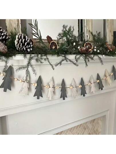 12pcs Tree & Wooden Bead Combination Wreath, Winter Decor, Christmas Decor, Holiday, Fireplace Decor, Unique Christmas Decoration, No Power Required