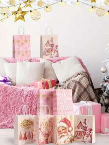 8pcs Christmas Gift Bags, Bulk Pink Paper Bags With Handle Birthday Bags, Paper Present Bag For Party Birthday Wrapping Xmas Holiday Presents, Room Decor, Home Decor, Offices Decor, Theme Party Decor, Christmas Decor, Christmas Gift Bags Christmas Decorations Winter