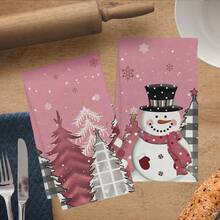 MEMNUN 2pcs Christmas Pink Plaid Forest Christmas Tree & Snowman Printed Kitchen Towels, 15.75*23.62in (40*60cm) Super Soft Absorbent Microfiber Dish Towels, Hand Towels, Dish Cloths, Christmas Decor, Home Decor, Kitchen Decor, Cooking Baking Tea Towels, Cleaning Supplies, Suitable For Restaurant Kitchen, Christmas Holiday Decoration And Gifts, All Season