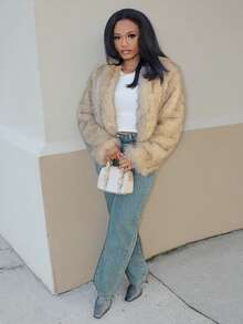 Steph T Women's Solid Color Long Sleeve Casual Fluffy Jacket - Khaki - View 2