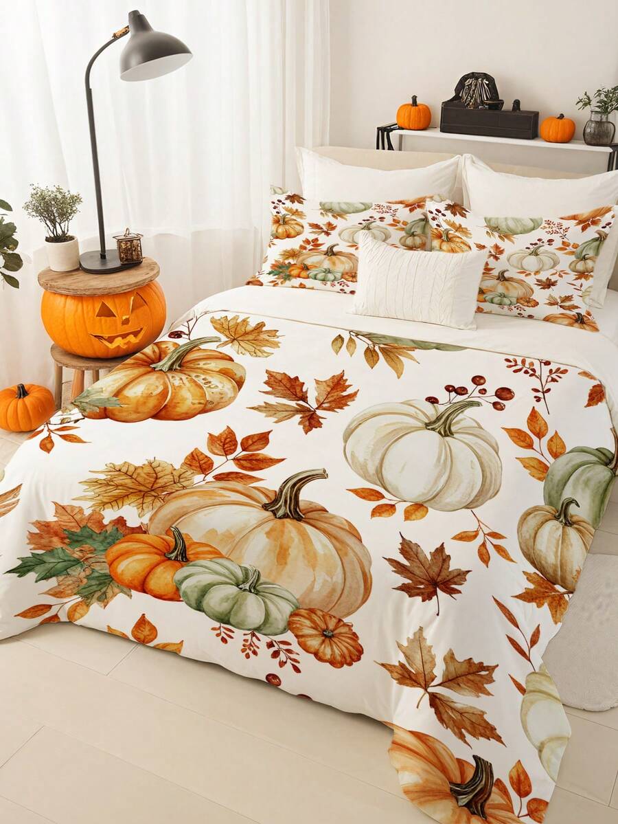 3pcs Watercolor Style Autumn Feast Print Duvet Cover Set (1*Duvet Cover + 2*Pillowcase, Without Core), Vintage Warm, Interwoven With Pumpkin And Autumn Leaves, Soothing Visual Fatigue, Suitable For All Seasons, Suitable For Hotel, Bedroom, Guest Room And Dormitory Decoration Bedding