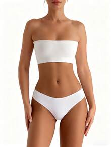 XLLAIS 性感无肩带露脐吊带背心，时尚纯色弹力修身白色抹胸吊带衫，适合女性四季夏季穿着 - 白色 - 查看 1