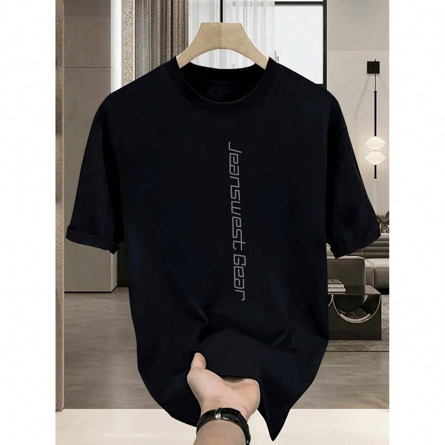 Men's Premium Cotton Crew Neck T-Shirt With Stylish Letter Print And Comfortable Loose Fit - Preto - Ver 1