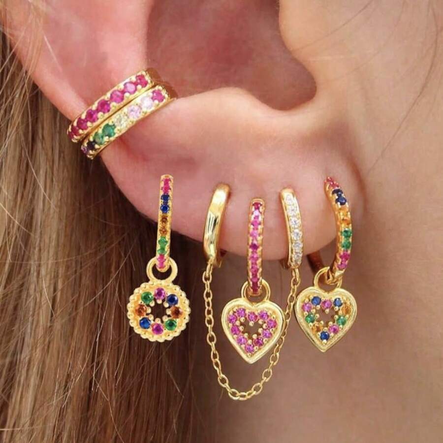 6pcs High Quality Colorful Cubic Zirconia Heart Dangle Earrings For Women - Vàng - Xem 1