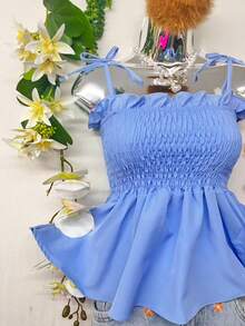 T109Crop Top With Straps And Ruffles - Baby Blue - View 4