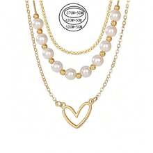 3 件套多层项链，带心形和人造珍珠吊饰，金色，时尚复古风格，情人节、妈妈、母亲、母亲节、礼物