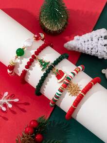 5pcs/Set Christmas Glass Bead, Crystal & Pearl Combination Beaded Elastic Bracelet, Fashion Christmas Gift For Women