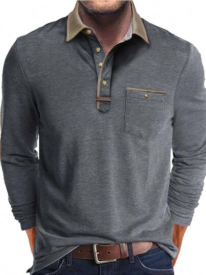 Plus Size Men Long Sleeve Polo Shirt, Fashionable Turndown Collar Pocket Top, Fall