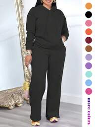 Women's Casual 2 Pieces Set, Solid Color Elegant Long Sleeve Hooded Sweatshirt With Drawstring Pocket And Drawstring Straight Leg Pants Suit