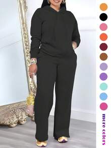 Women's Casual 2 Pieces Set, Solid Color Elegant Long Sleeve Hooded Sweatshirt With Drawstring Pocket And Drawstring Straight Leg Pants Suit