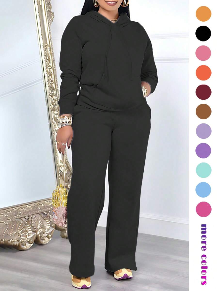 Women's Casual 2 Pieces Set, Solid Color Elegant Long Sleeve Hooded Sweatshirt With Drawstring Pocket And Drawstring Straight Leg Pants Suit