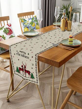 1pc Christmas Tree, Snowman, Deer Element Table Runner, Single-Sided Linen Printed, Suitable For Kitchen, Living Room Decor And Event Party Decoration, Christmas Decor